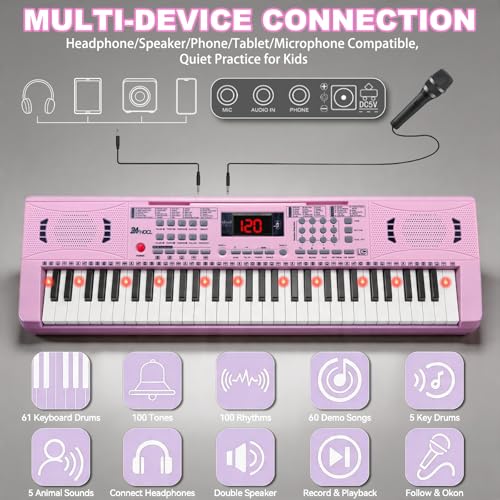 Keyboard Piano 61 Lighted Keys, Electric Keyboard Kit with 100 Voices, 100 Rhythms - Built-In Speaker, Microphone, Sheet Stand and Power Supply, Gift for Children Beginners [Pink, Piano with Stand] - color: Pink