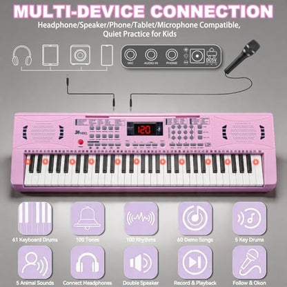Keyboard Piano 61 Lighted Keys, Electric Keyboard Kit with 100 Voices, 100 Rhythms - Built-In Speaker, Microphone, Sheet Stand and Power Supply, Gift for Children Beginners [Pink, Piano with Stand] - color: Pink