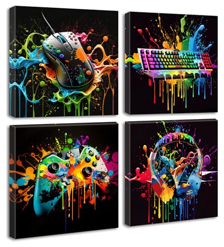 Gamer Room Decor for Boys - Game Wall Art Graffiti Gamepad Earphone Canvas Print Pictures Cool Video Gaming Poster Street Pop Men Cave Teen Bedroom Dorm Playroom Home Artwork Framed 12"X12"X4 Panels - color: game