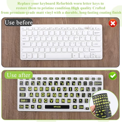 2PCS English Keyboard Stickers, Large Print Laptop Keyboard Stickers with Tweezers & Cloth, Replacement Big Bright Yellow Lettering for Sight Impaired, Alphabet Letter Sticker for Laptop PC Computer