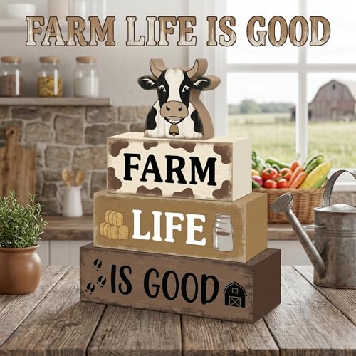 4 Pcs Farm Life Kitchen Table Decor for Home Black and White Cow Stacked Wood Sign Farmhouse Cow Country Tiered Tray Decor Farm Rustic Dairy Kitchen Decorations for Shelf Mantel Table - style: Black and White Cow