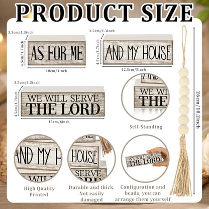 Yuntau 4 Pcs Farmhouse Christian Decor Farmhouse Bible Verse Tiered Tray Decor Rustic Retro Wood Bead Garland As for Me and My House We Will Serve The Lord Block Jesus Sign for Home Shelf Mantel - style: Bible Verse