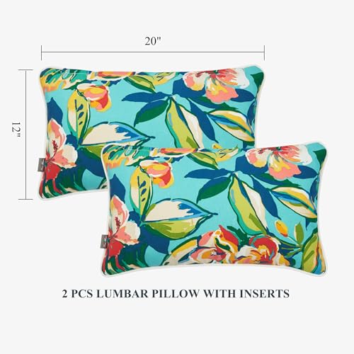 FUNHOME Set of 2 Patio Lumbar Pillows with Insert, 12”x20” Water-Repellent Fade Resistant Outdoor Lumbar Pillow, Decorative Garden Lumbar Cushions for Home Patio Coach Sofa Use-Rosario Flower Leaf - color: Rosario Flower Leaf, size: 20"L x 12"W(With Inser