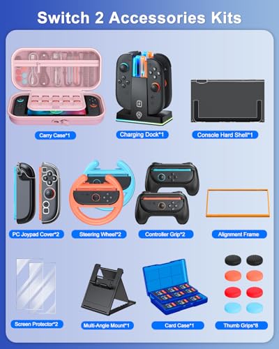 Switch 2 Accessories, Case Bundle for Nintendo Switch 2 2025 Console,[Charge Inside]FYOUNG 23 IN 1 Kit:Carrying Case,Controller Charger,Protective Shell,Grip for Joycon, Steering Wheel -Pink - color: Pink