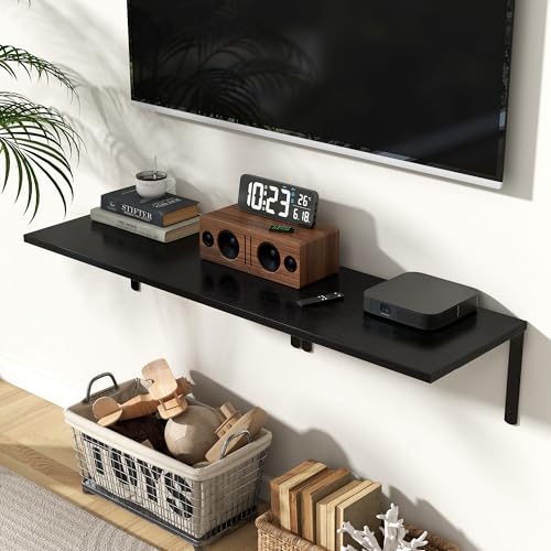 Fun Memories Floating Shelves for Wall, 12 Inch Deep Floating Shelves Set of 2, Wall Mounted Shelf with Metal Brackets, Rustic Wood Wide Shelf for Bathroom, Kitchen and Living Room, Black, 24W x 12D - color: Black- L Bracket, size: 24"w x 12"d