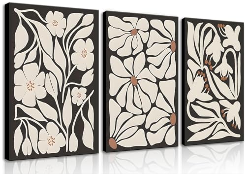 QGNBGBJ Framed Black Boho Flowers Plant Wall Art Abstract Botanical Flower Canvas Poster Vintage Bohemian Neutral Floral Prints Wall Decor Trendy Black Beige Floral Set for Girl Bedroom(12x16in) - size: 12x16in Framed