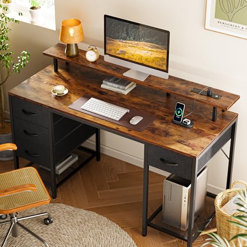 Huuger 55 inch Computer Desk with 4 Drawers, Gaming Desk with LED Lights & Power Outlets, Home Office Desk with Large Storage Space for Bedroom, Work from Home, Rustic Brown - color: Rustic Brown, size: 55 Inch