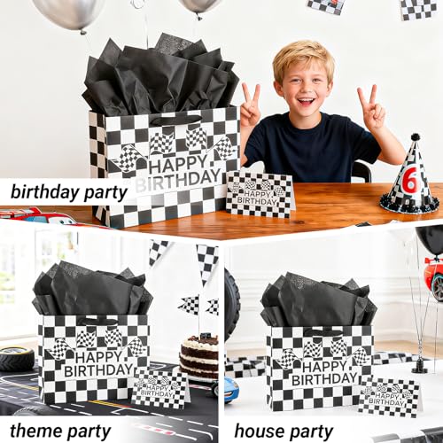 LERCTH Racing Car Happy Birthday Bag Black Grid Gift Bags Paper Tote Bag with Handles Gifts Wrap Paper Reusable Birthday Gift's Bag for Men Women Boys Teenager Soccer Boy - color: Checkered Racing gift bag, size: 1 count (Pack of 1)