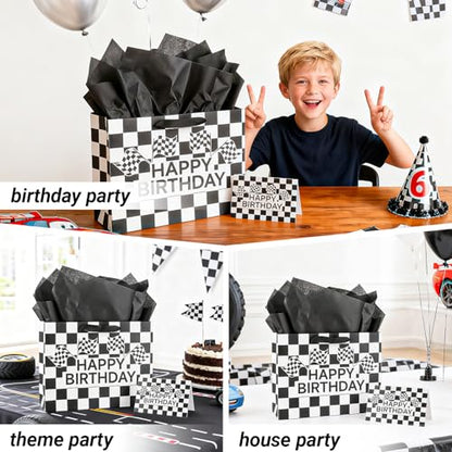 LERCTH Racing Car Happy Birthday Bag Black Grid Gift Bags Paper Tote Bag with Handles Gifts Wrap Paper Reusable Birthday Gift's Bag for Men Women Boys Teenager Soccer Boy - color: Checkered Racing gift bag, size: 1 count (Pack of 1)