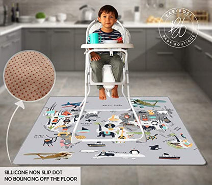 Splat Mat for Baby – Under High Chair Floor Mat Protects Wood, Vinyl and Carpet from Spills – Waterproof 4 Layer Baby Mat with Anti-Skid Backing Deters Bunching and Sliding (51” x 51”) - color: Animals World Map