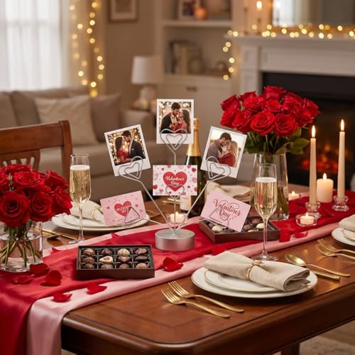 Desktop Heart-Shaped Photo Tree Style Holders Round Base,5-Branch Family Picture Frame Clips Holder Desk Card Display Stand for Christmas,Wedding, Birthday Party,Gift Silver - color: Gift Silver