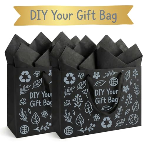 GEGIBOA Extra Large Black Gift Bags 15x6x12 with Handles 2 Pack Paper Gift Bags with Tissue Paper Reusable Large Gift Bags for Fathers Day Birthdays Weddings Christmas Graduation Business Gifts - size: Black-XL-2PCS with paper