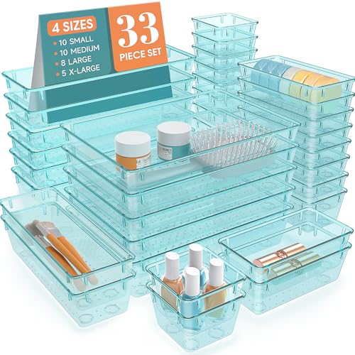 StorMiracle 33 PCS Clear Plastic Drawer Organizers Set, 4 Size Desk Drawer Organizer Trays for Makeup, Jewelry, Kitchen Utensils, Gadgets and Office Accessories, Sea Blue - color: Sea Blue, size: 33 PCS