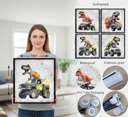 4Pcs Dinosaur Truck Nursery Canvas Wall Art Funny Vintage Boys Room Poster Prints Cool Truck Pictures Retro Dino Wall Decor for Kids Room Playroom Bedroom Home Decoration 16x16 in Unframed - color: Dinosaurs Poster, size: 16"l X 16"w