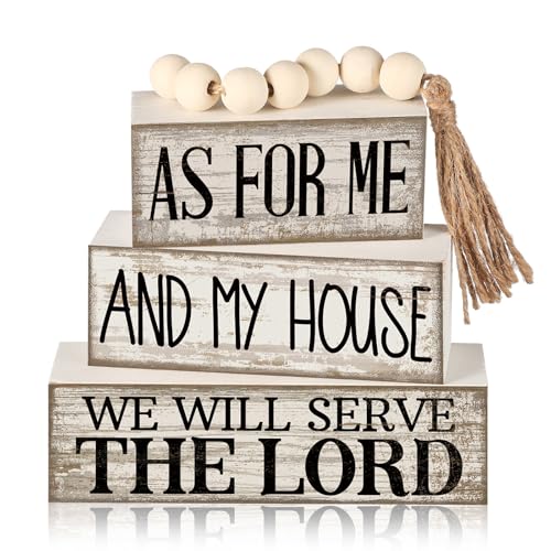 Yuntau 4 Pcs Farmhouse Christian Decor Farmhouse Bible Verse Tiered Tray Decor Rustic Retro Wood Bead Garland As for Me and My House We Will Serve The Lord Block Jesus Sign for Home Shelf Mantel - style: Bible Verse