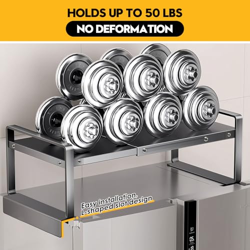 Adjustable Refrigerator Top Rack, 17-31.5" Metal Shelf for Washer/Dryer | L-Slot Protects Appliances. Adjusts 17-31.5". 50lbs Load. Metal, Rustproof. No Tools, Easy Setup. Kitchen/Laundry/Dorm