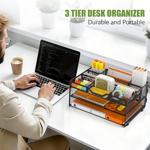 3 Tier Desk Orgnizers and Accessories, Metal Magazine File Holder with Pencil Holder and Handles, Space Saving Desk File Trays for School Office Supplies(Black) - color: 3-tier-black