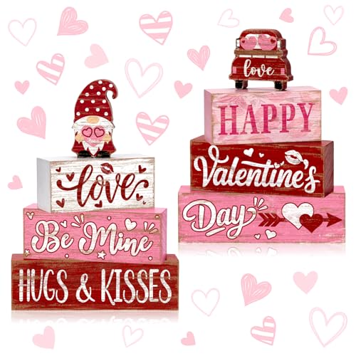 8Pcs Valentine's Day Table Decor Set, Rustic Wooden Love Hugs & Kisses and Happy Valentine's Day Tiered Tray Decorations, Farmhouse Wooden Stack Block Signs with Hearts Gnome for Home Kitchen Office - style: Pink Gnome Valentine's Day