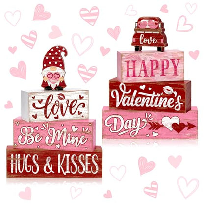 8Pcs Valentine's Day Table Decor Set, Rustic Wooden Love Hugs & Kisses and Happy Valentine's Day Tiered Tray Decorations, Farmhouse Wooden Stack Block Signs with Hearts Gnome for Home Kitchen Office - style: Pink Gnome Valentine's Day