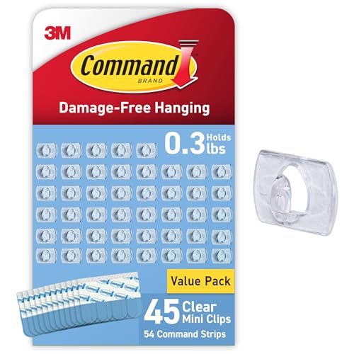 Command Clear Indoor Mini Light Clips Value Pack, 45 Clips, 54 Strips, Damage-Free String Light Hangers for Home, Room, Wall, Office, and Dorm Decor, Great for Cable Management, Holds up to 0.3 lb - style: 45 Clips