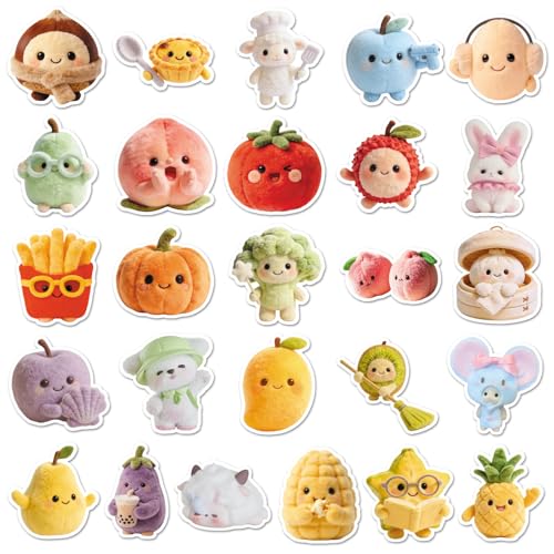 50 PCS Cute Plush Stickers for Scrapbooking, Kawaii Cartoon Decals for Journaling Planner, Waterproof Adorable Food Animal Vinyl Stickers for Water Bottle Laptop Phone DIY Crafts - style: A6