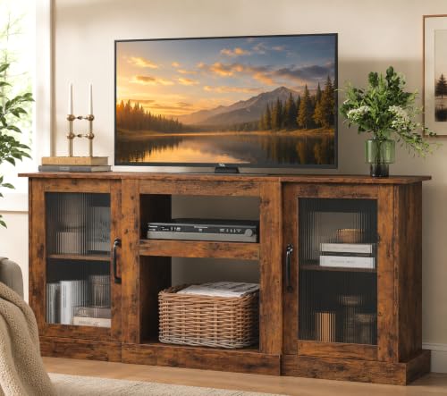 WLIVE 58" Farmhouse TV Stand for 65 Inch TV, Tall Entertainment Center with Storage Cabinets & Adjustable Shelves, Modern Media Console Table with Acrylic Doors for Living Room Bedroom, Rustic Brown - color: Rustic Brown, size: 58'' Farmhouse TV Stand