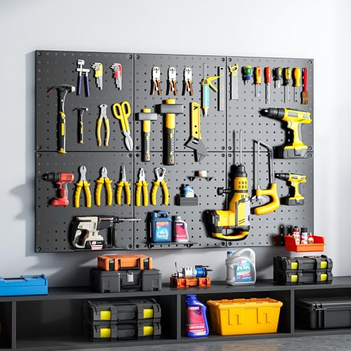 Peg Board, 70PCS Heavy Duty Metal Pegboard with Hooks, 6 Pack Black Peg Board Panels, 50lbs Load Capacity Each, Pegboard Wall Organizer for Garage, Workshop, Craft Rooms Total 24” x 36” - color: Black, size: 12“×12”-6PCS（with Hooks）