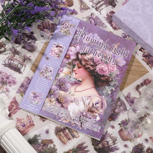 Vintage Ephemera Sticker 24 Sheets precut 300 washi Stickers Paper Girls Journal Stickers for Adults Junk Journal Sticker Book Scrapbooking Supplies - color: Purple