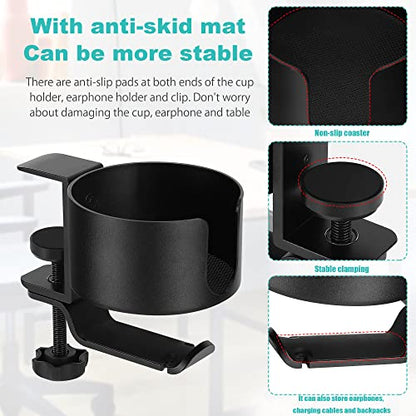 2 in 1 Desk Cup Holder with Headphone Hanger Holder, Anti-Spill Cup Holder-360° Rotation Aluminum Alloy Stand Hook Bearing Capacity 10kg/22lb Suitable for Coffee Mups,Water Cups,Bag,Headphone