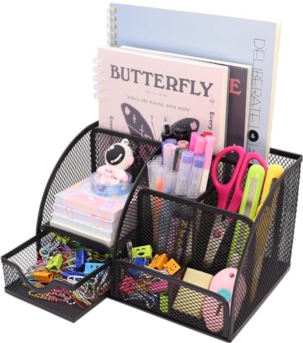 Boutilon Mesh Desk Organizer Desktop Office Supplies Stationary Organizer with 6 Compartments and 1 Drawer Multi-Functional Caddy Pen Holder for Home Office School Desk Decor(Black) - color: Black