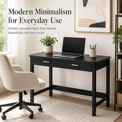 4NM 39.4" Small Desk with Wood Drawers, Home Office Computer Desk with Wooden Legs, Study Writing Table Vanity Desk for Small Spaces - Black - color: Black