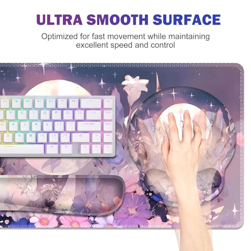 Large Desk Mat, Gaming Mouse Pad, Desk Pad Protector, XXL Mousepad + Keyboard Wrist Rest+Mouse Wrist Rest+Coaster Set with Ergonomic Desk Pad for Home Office PC Computer, Pastel Purple Flower Moon - color: Pastel Purple Flower Moon