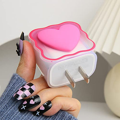 Compatible with iPhone 18W/20W USB-C Charger Cover Lovely 3D Love Heart Waves Clear Soft Charger Protector Cute Cable Saver for iPhone 11 12 13 14 Pro Max Fast Power Adapter, Rose 1 (5in1) - color: Rose 1 (5 in 1)