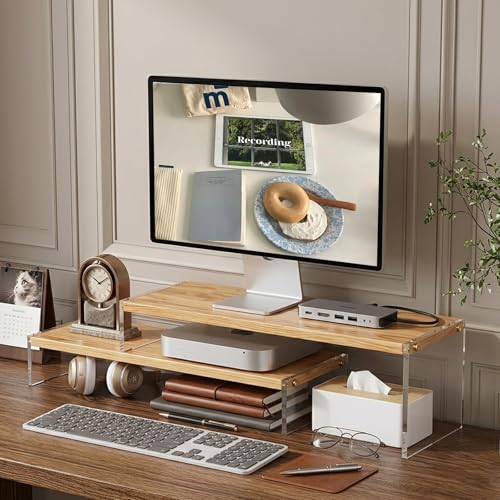 YGYQZ Adjustable Monitor Stand Riser with Acrylic Legs丨7.67" Wide Dual Monitor Stand for Desk丨2-Tier Wood Desktop Organizer for Computer, Laptop, Printer & PC丨Modern Aesthetic Desk Shelf(wood-flat) - color: wood-flat, size: 7.67' W*19.3L