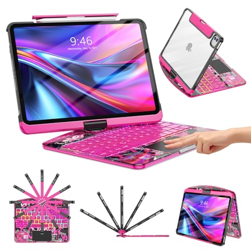 TSQQST Clear Wireless Keyboard Case for iPad Pro 13 Inch M5/M4 2025/2024 with Pencil Holder & Multi-Touch Trackpad, Visible PCB High-Tech Style, 3-Brightness & 7-Color Backlight, 360 Rotatable, Pink - color: Clear+Pink, size: Pro13 M5/M4