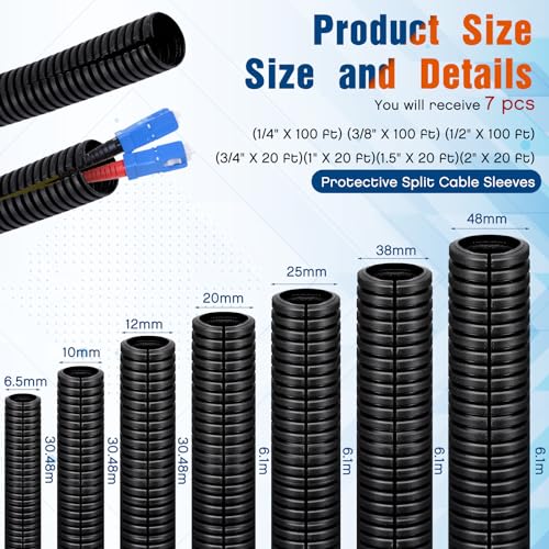 Sasylvia 1/4, 3/8, 1/2'' x 100 Ft, 3/4, 1, 1.5, 2'' x 20 Ft Split Wire Loom Tubing Wire Loom Assortment Split Cable Sleeves Bulk Flexible Electrical Conduit Protective kit - size: 1/4, 3/8, 1/2'' X 100 Ft, 3/4, 1, 1.5, 2'' X 20 ft