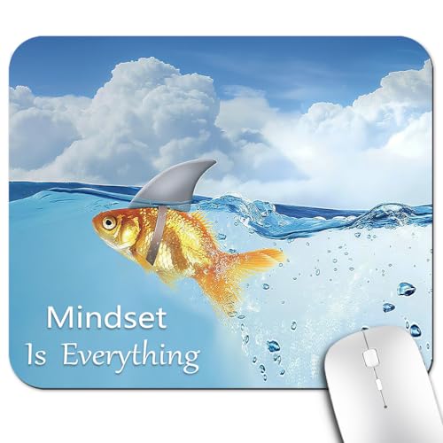 Mindset is Everything Mouse Pad, Shark Goldfish Inspirational Art Desk Mat | Comical Humorous Design Motivational Quote, Anti-Slip Rubber Base, Silky Smooth Surface, Cute Office/Gaming Mousepad - color: Color_CNaa