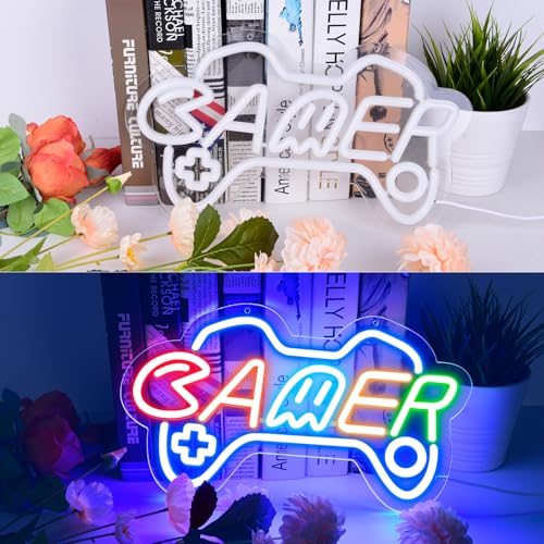Gamer Neon Sign for boy room decor, 15 * 9 inch Blue Gaming led lights with USB Power and Dimmer Switch for game room decor,teen's room,man cave,adult and Kids - style: blue-gamer