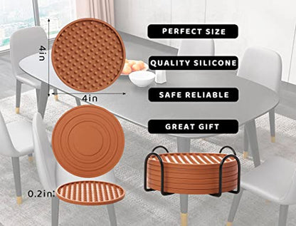 Coasters for Drinks 6 Pack Drinking Plastic Coaster with Holder,Heat Resistant Silicone Cup Mat Tabletop Protection,Non-Slip Rubber Coasters for Kinds of Cups (Brown) - color: Brown-metal Holder