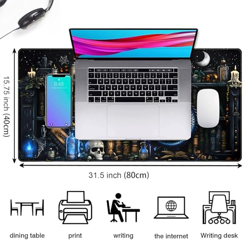 Dark Magic Desk Mat Large Mouse Pad Gaming Extended Mouse Mat, Blue Dragon Computer Keyboard Mat, Big Desk Pad Full Desktop Pad XXL, Anime Office Decor Personalized Desk Accessories 31.5x15.7 Inch - color: Fantasy Spellbook Library