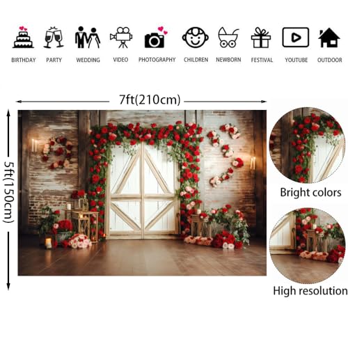 7x5ft Red Rose Brick Wall Wood Door Backdrop for Wedding Bridal Shower Party Decorations Mother's Day Valentine's Day Engagement Backdrops Portrait Photo Booth Props - size: 7x5ft