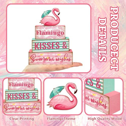 Britimes 4 Pcs Summer Wooden Tiered Tray Decorations Set, Pink Flamingo Stack Block Signs Summer Parasol Farmhouse Rustic Table Decor for Home kitchen Office Decorations (Flamingo Style) - style: Flamingo