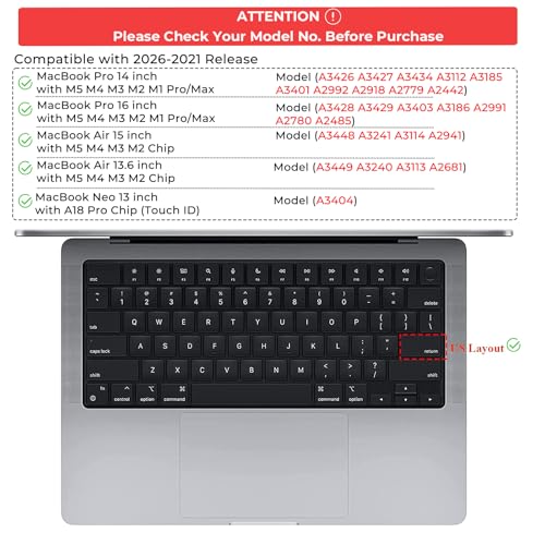 EooCoo Premium Keyboard Cover Skin Protector, Laptop Accessories Compatible with 2026 2025 2024 2023 2022 2021 M5-M1 Pro/Max MacBook Pro 14/16, M5-M2 MacBook Air 13/15, 2026 Mac Neo 13, Silicone Black - color: Black