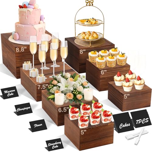 Qinzave 7 Pack Wooden Risers Display Stands with Acrylic Maker Pen and Mini Sign, Food Risers for Buffet Table Shelf Display Stand for Party Catering Dessert Cupcake Jewelry - color: 8.8" 8" 7" 6.5" 6" 5" 5"
