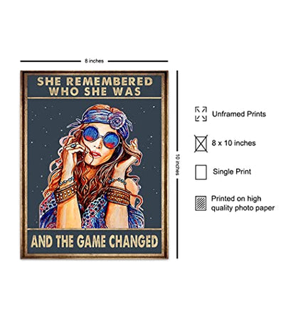 She Remembered Who She Was And The Game Changed - Hippie Boho Motivational Poster - Bohemian Inspirational Positive Quotes Wall Art Decor - Encouragement Gifts for Women - Girls Teens Bedroom Decor