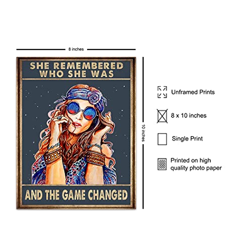 She Remembered Who She Was And The Game Changed - Hippie Boho Motivational Poster - Bohemian Inspirational Positive Quotes Wall Art Decor - Encouragement Gifts for Women - Girls Teens Bedroom Decor