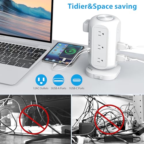 Tower Power Strip Flat Plug with 12 Outlets 4 USB(1 USB C),AOFO Power Strip Charging Station with Overload Protection, Widely Spaced Multiple Outlets 10Ft Extension Cord for Home, Dorm,Office - color: White, size: 10FT