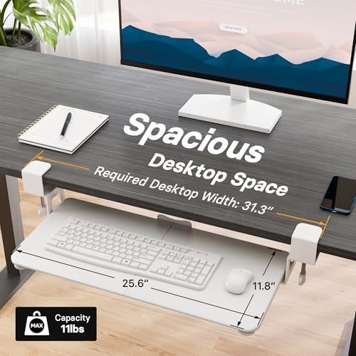 BONTEC KMT01 Under Desk Keyboard Tray, Pull-Out Keyboard & Mouse Platform with C-Clamp, 25.6 x 11.8 in Space-Saving Ergonomic Slide-Out Drawer, White - color: White, size: 25.6" x 11.8"