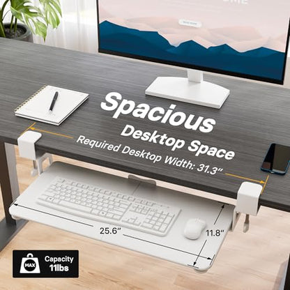 BONTEC KMT01 Under Desk Keyboard Tray, Pull-Out Keyboard & Mouse Platform with C-Clamp, 25.6 x 11.8 in Space-Saving Ergonomic Slide-Out Drawer, White - color: White, size: 25.6" x 11.8"