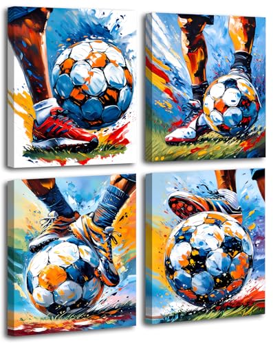 Set of 4 Framed Soccer Silhouette Sport Theme Canvas Wall Art,Sport Pictures Colorful Foot Wall Decor,Vintage Graffit American Football Art Poster for Teen Boys Room Decor Set of 4 (8"x10"inch) - color: Framed 8"X10"Soccer Silhouette Sport Theme Canvas Wa